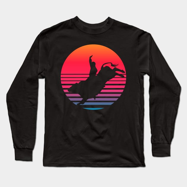 Cowboy Bull Rider retro sunset Long Sleeve T-Shirt by Geoji 